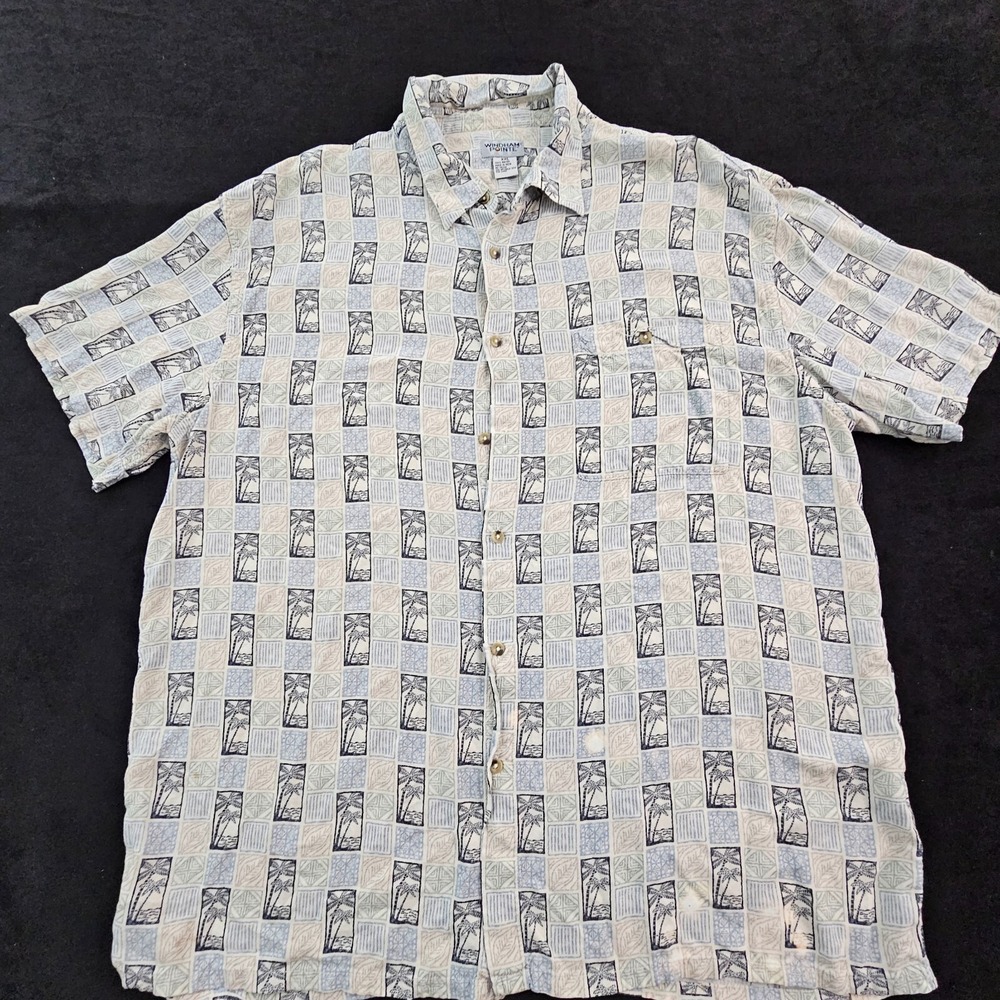 Windham Pointe Beige Palm Tree Print Short Sleeve Button-Up Rayon Shirt Mens 2XL